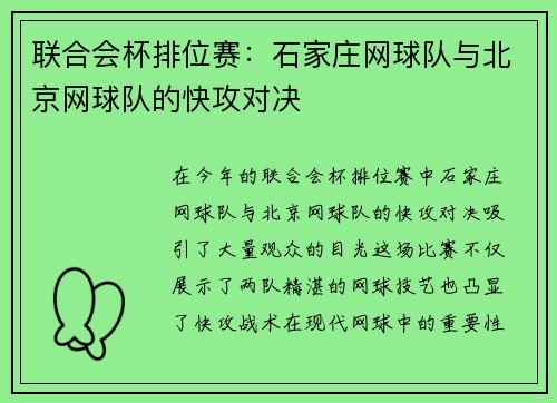 联合会杯排位赛：石家庄网球队与北京网球队的快攻对决